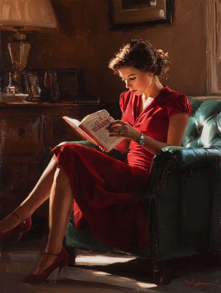 一个女人坐着阅读《悉达多》 --ar 3:4 --v 7 --stylize 100 --fast --no 水印