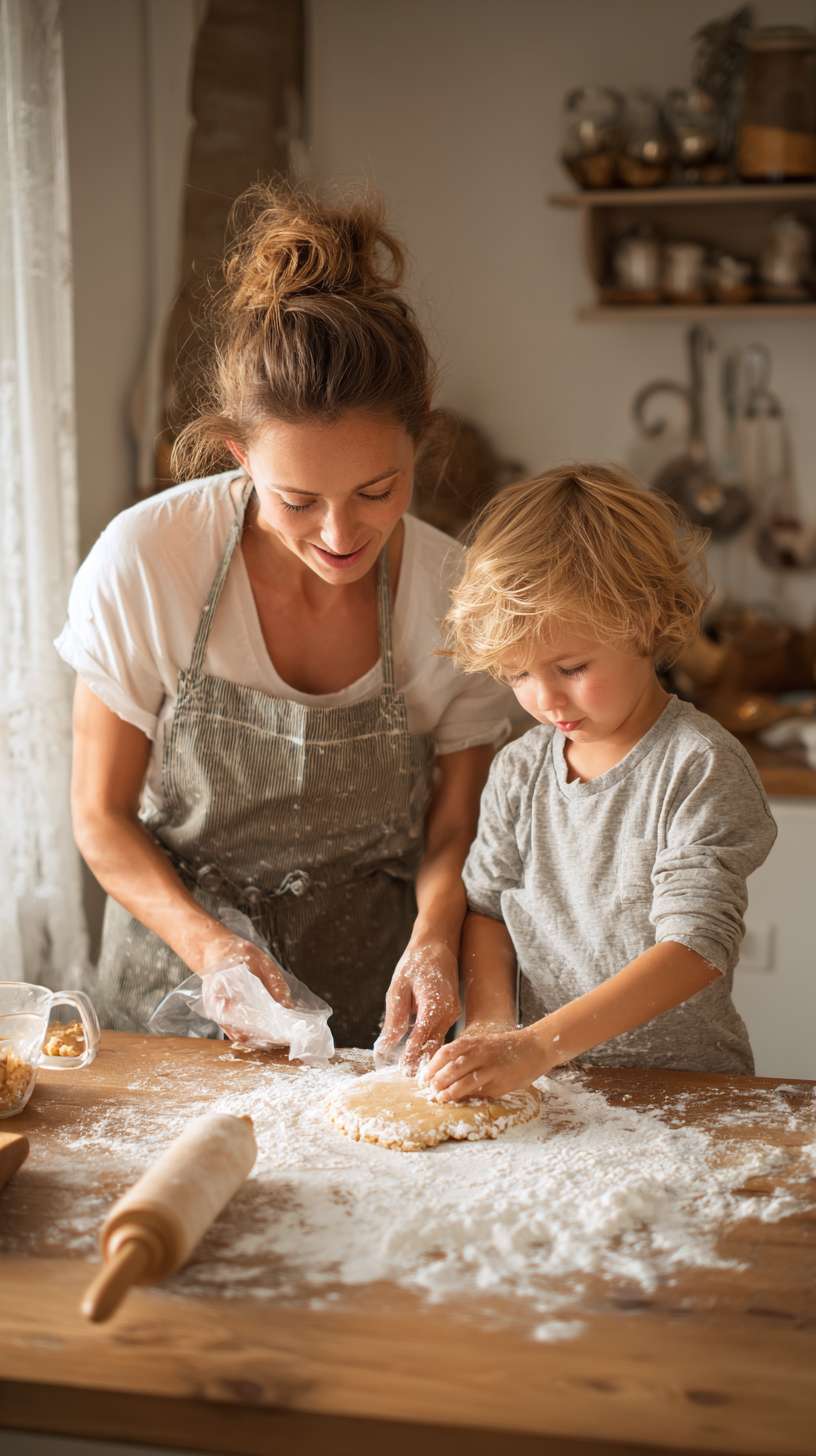 4刚出炉的姜饼人冒着热气，妈妈用裱花袋挤白色糖霜，孩子在旁递糖果装饰，镜头聚焦姜饼人，暖色调 --ar 9:16 --v 7 --stylize 100 --fast --no 水印