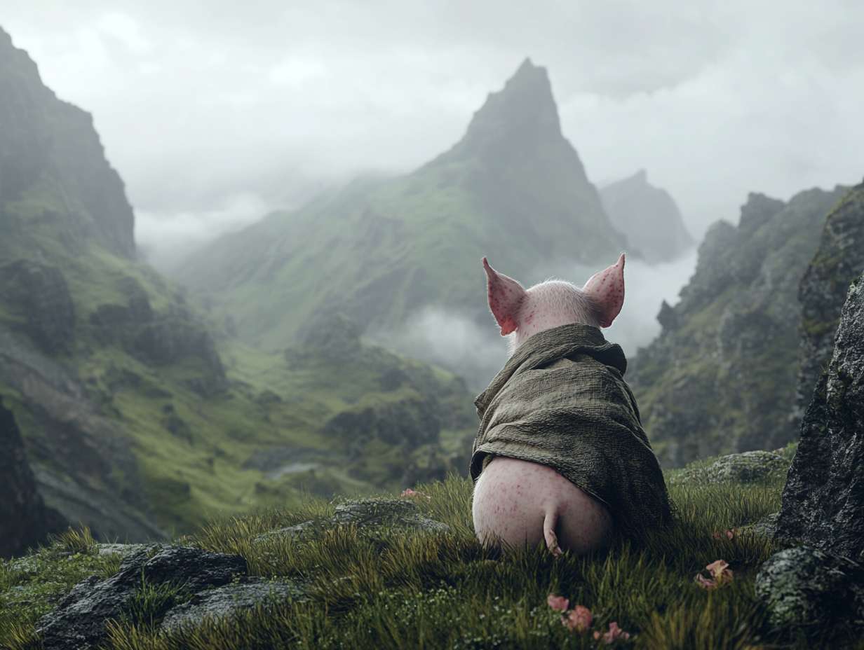 Photorealistic cinematic image，A pale pink pig on the grass next to the mountaintop, facing away from the camera,it also it's a scarf around it head, which is partially covering it face, giving her a mysterious look.Overall, these images convey a sense of desolation and grandeur, possibly telling a story about adventure, and emotional expressions all suggest that this may be a work with a strong narrative and visual impact,with a rocky mountain range behind it, and fog connecting the mountain range, full of warm colors and ultra high definition real materials，Ultra wide view shot， highly detailed photo. --ar 4:3 --v 6.1 --style raw --stylize 100 --fast