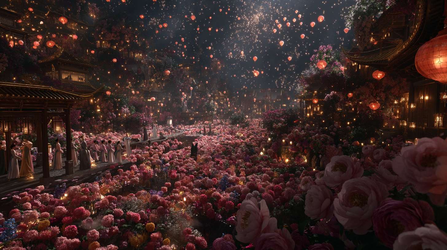 Unreal Engine 5 rendering, in this awe-inspiring scene of the ancient Luoyang Flower Festival, the composition centers on a vast sea of blooming peonies, surrounded by ancient-style pavilions, buildings, and winding corridors adorned with countless red lanterns, while the night sky is continuously lit up by colorful fireworks, the foreground features a celebrating crowd dressed in elegant Hanfu singing and dancing, the middle ground includes traditional Chinese architecture such as eaves-cornered pavilions, and the background blends deep blue starry skies with brilliant fireworks, in terms of color, vibrant reds, golds, and greens dominate, symbolizing luck and wealth, with the pink and white of the flowers sharply contrasting with the warm yellow of the lanterns, and the multicolored lights of the fireworks adding dynamic color variations, the lighting effects are exquisitely detailed, the soft glow from the lanterns casts warm shadows on people's faces and the ground, while the explosive flashes of fireworks create dazzling halos, contrasting with the cool moonlight to enhance the image's depth and dynamism, the entire scene is bustling and lively, with lanterns swaying gloriously, fireworks sparkling brilliantly, and the crowd cheering incessantly, as if transporting the viewer into a dreamlike ancient prosperous era filled with the charm of Chinese elements. --ar 16:9 --v 7 --c 20 --quality 4 --stylize 100 --fast