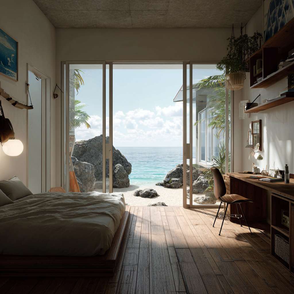 海边客房 --ar 1:1 --v 7 --stylize 100 --fast --no 水印