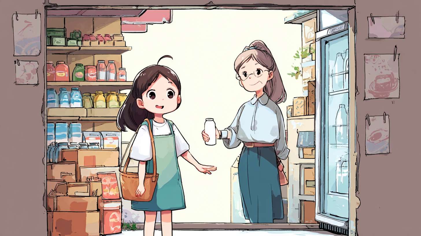 https://img-xpc-mj0.xpccdn.com/prod/upload/9433aba2-a8f1-48a7-b612-853070e740a8/285bf8c2a226e191454ded07779ed049.png~tplv-5yakomv5zn-auto-v1%3A1024%3A0%3Aq75.jpg . 女孩、便利店老板娘
• 地点：清晨的便利店
• 事件：穿校服的女孩因钱不够在冰柜前犹豫，40 + 岁系围裙的老板娘察觉后，默默拿起一瓶热牛奶拧开递上，女孩接下牛奶。 --ar 16:9 --v 7 --stylize 100 --fast --iw 1 --no 水印