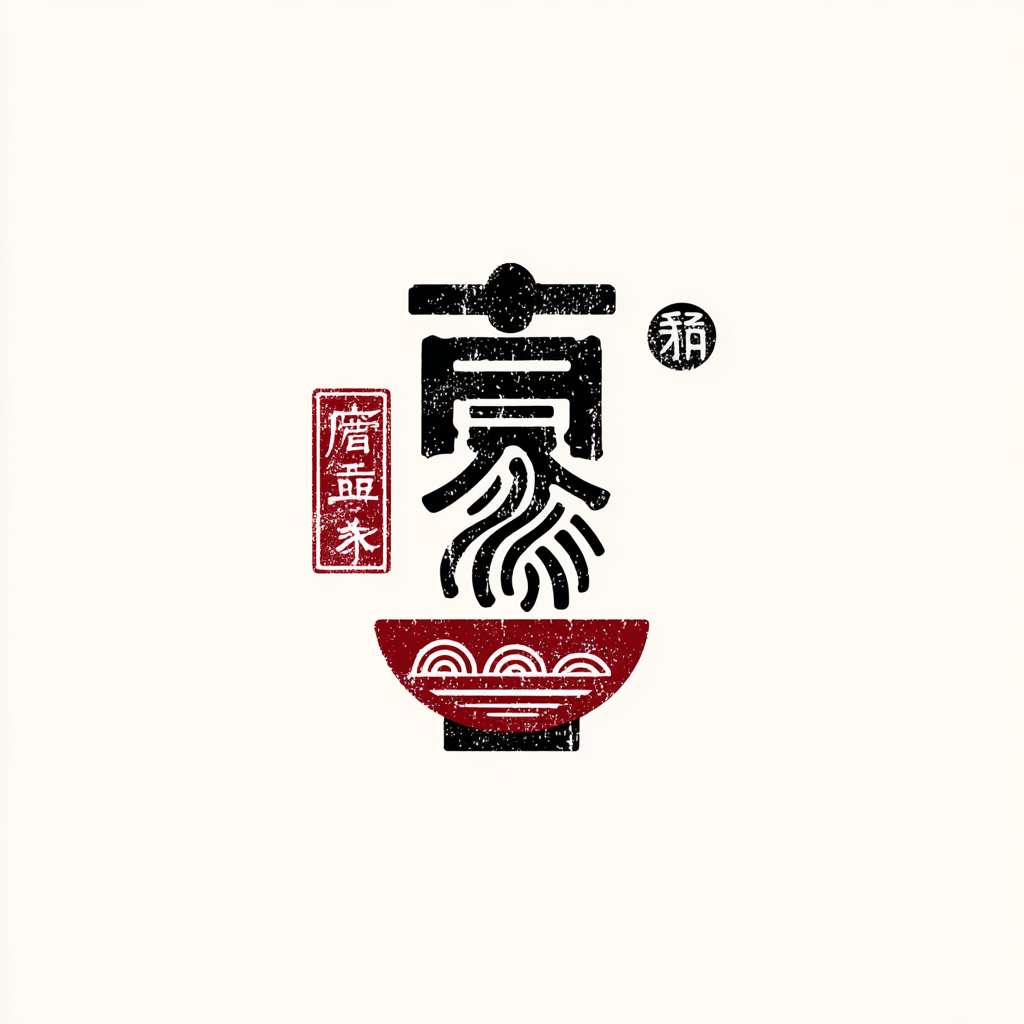 一个中国传统风格餐饮LOGO，核心图形是印章，印章内有艺术变形的“匠”字，字形结合了一只托举的手和飘逸的面条线条，印章边有古朴残破效果，印章内的图形文字都是黑色，背景干为纯白色，极简主义，高清，矢量 --ar 1:1 --v 7 --stylize 100 --fast --no 水印