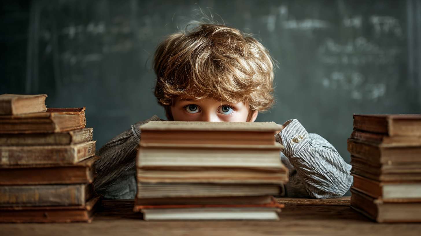 一个在课上的学生，用立着的书挡住自己的脸 --ar 16:9 --v 7 --stylize 100 --fast --no 水印