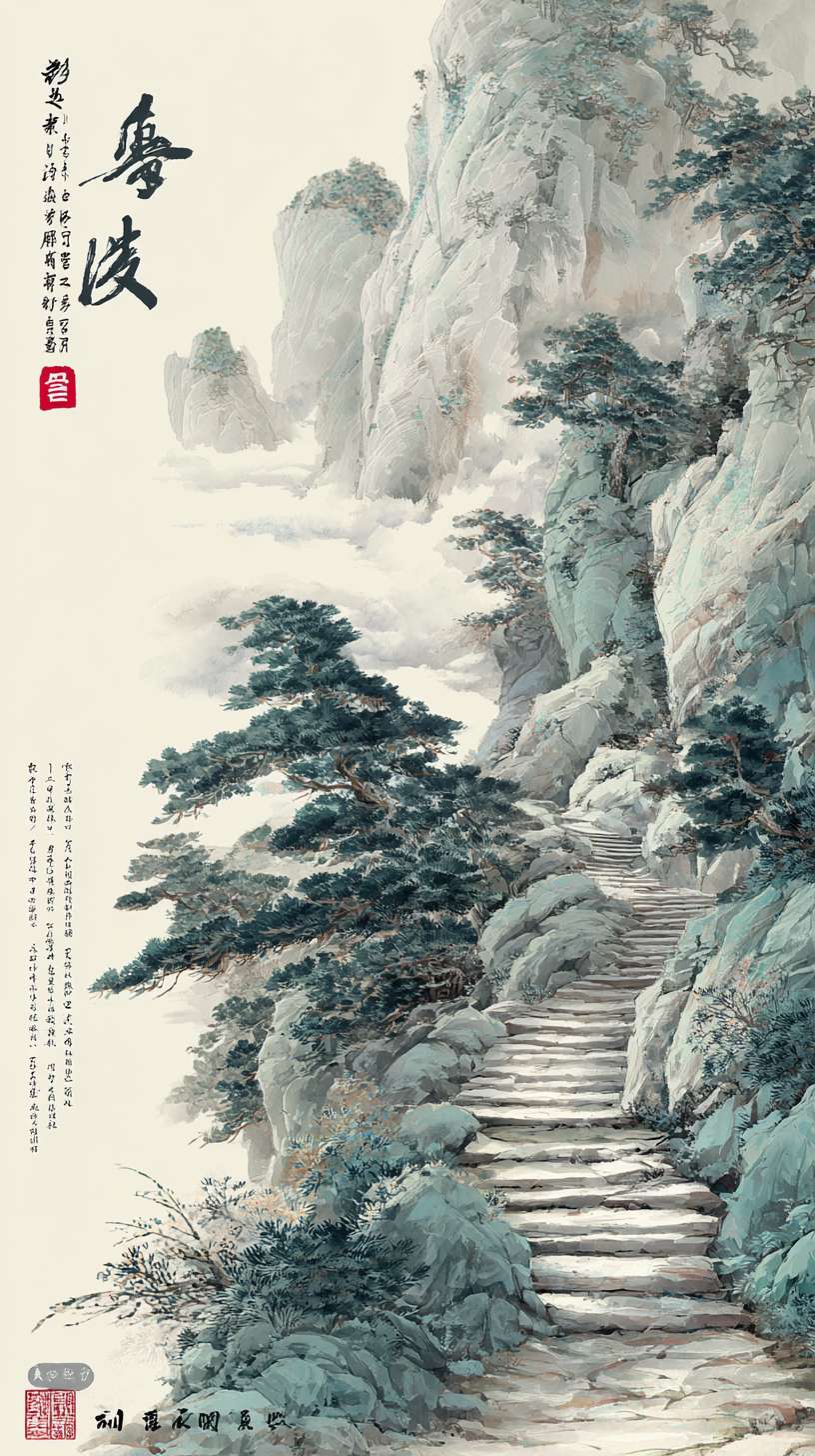 山间小路-水墨风
不要文字,这是游戏资源图
笔触参考:传统水墨画《富春山居图》(线条粗细变化、墨色层次)
色彩参考:游戏《仙剑奇侠传七》水墨风场景(淡雅色调、统一明度)
元素参考:动画《雾山五行》背景(竹林、山间场景的水墨质感)
构图:竖版蜿蜒,下方为石阶小路(沿画面右侧向上延伸),左侧为悬崖(淡墨勾勒),上方为云海(大面积留白)核心元素:- 石阶:青灰色(淡墨横线条,带细微纹理)- 云海:淡墨晕染(层次分明,近浓远淡)- 点缀:路边迎客松(浓墨枝干、淡墨松针)
主色调:青灰色(R130-150, G140-160, B150-170)辅助色:- 松针:墨绿色(R90-110, G120-140, B100-120)- 云海高光:纯白色(R240-250, G240-250, B240-250)统一适配:青灰色与新手村灰蓝色色调呼应,云海明度与竹林薄雾统一
1. 松针笔触与竹林竹叶笔触一致2. 石阶线条粗细与客栈石板路线条一致3. 云海层次与竹林薄雾层次的墨色过渡方式相同 --ar 9:16 --v 7 --stylize 100 --fast --no 水印