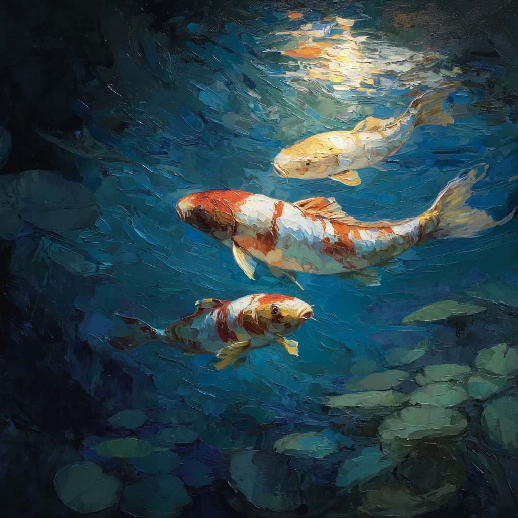 Surreal koi swimming in blue water with light splashes, thick brushwork for waves, thin strokes for iridescence, oil. --ar 1:1 --v 7 --stylize 100 --fast