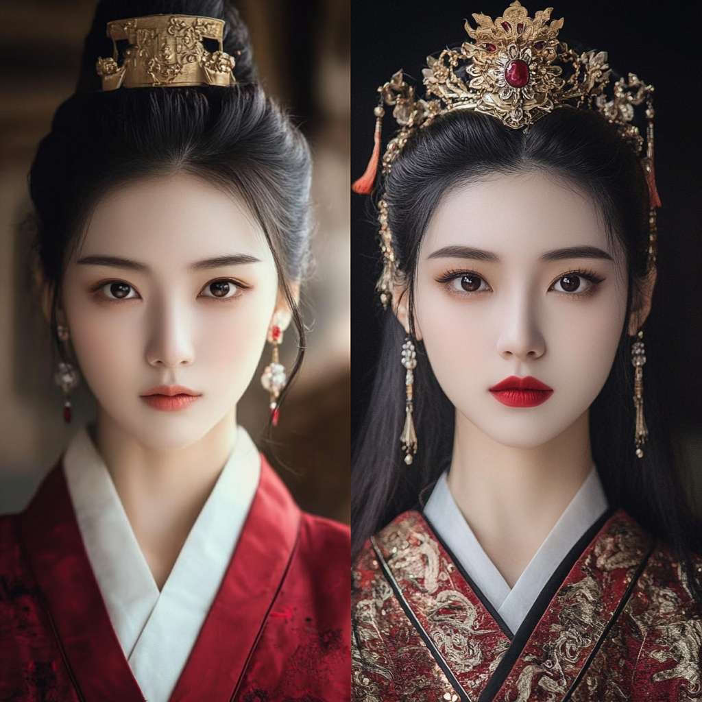 甄嬛前后对比（左：初入宫时素衣淡妆 / 右：封后时华服红唇，眼神凌厉）要真人的 --ar 1:1 --v 6.1 --stylize 100 --fast