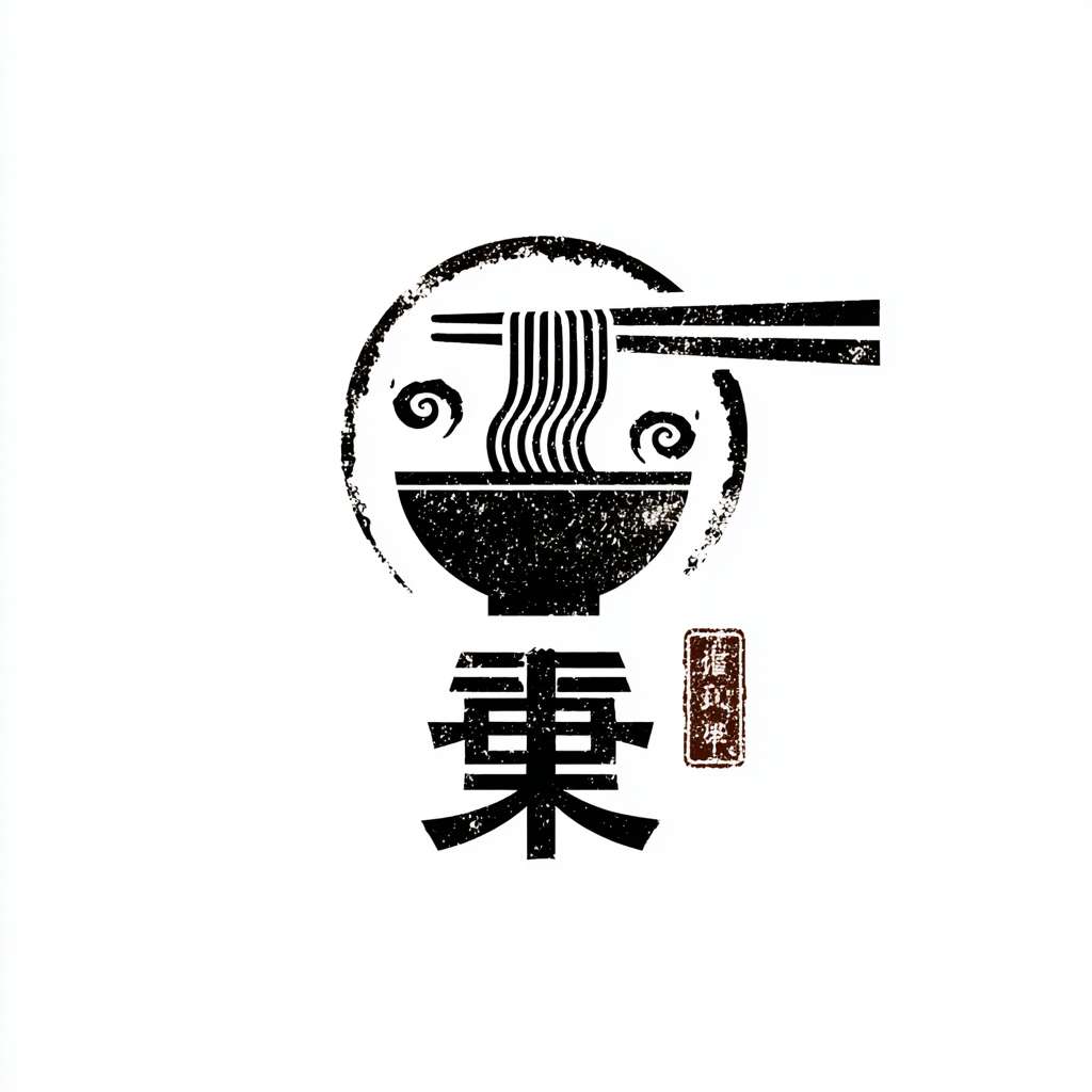 一个中国传统风格餐饮LOGO，核心图形是印章，印章内有艺术变形的“匠”字，字形结合了一只托举的手和飘逸的面条线条，印章边有古朴残破效果，印章内的图形文字都是黑色，背景干净，极简主义，高清，矢量 --ar 1:1 --v 7 --stylize 100 --fast --no 水印