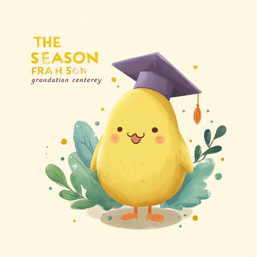 我需要设计一个KV主题，是一个幼儿园毕业典礼的海报，主题是“The fifth season graduation ceremony"。画面的主角是一个金色的种子（豆子）带着毕业帽，金色的种子是卡通形象有眼睛鼻子嘴（儿童卡通）。 --ar 1:1 --v 7 --stylize 100 --fast --no 水印