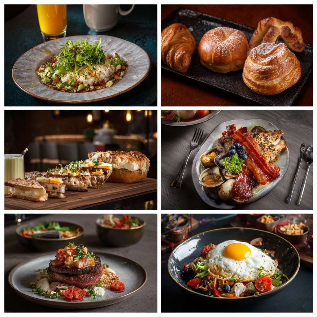 帮我做五张真实华住会酒店餐厅早餐宣传实拍照片 --ar 1:1 --v 7 --stylize 100 --fast --no 水印