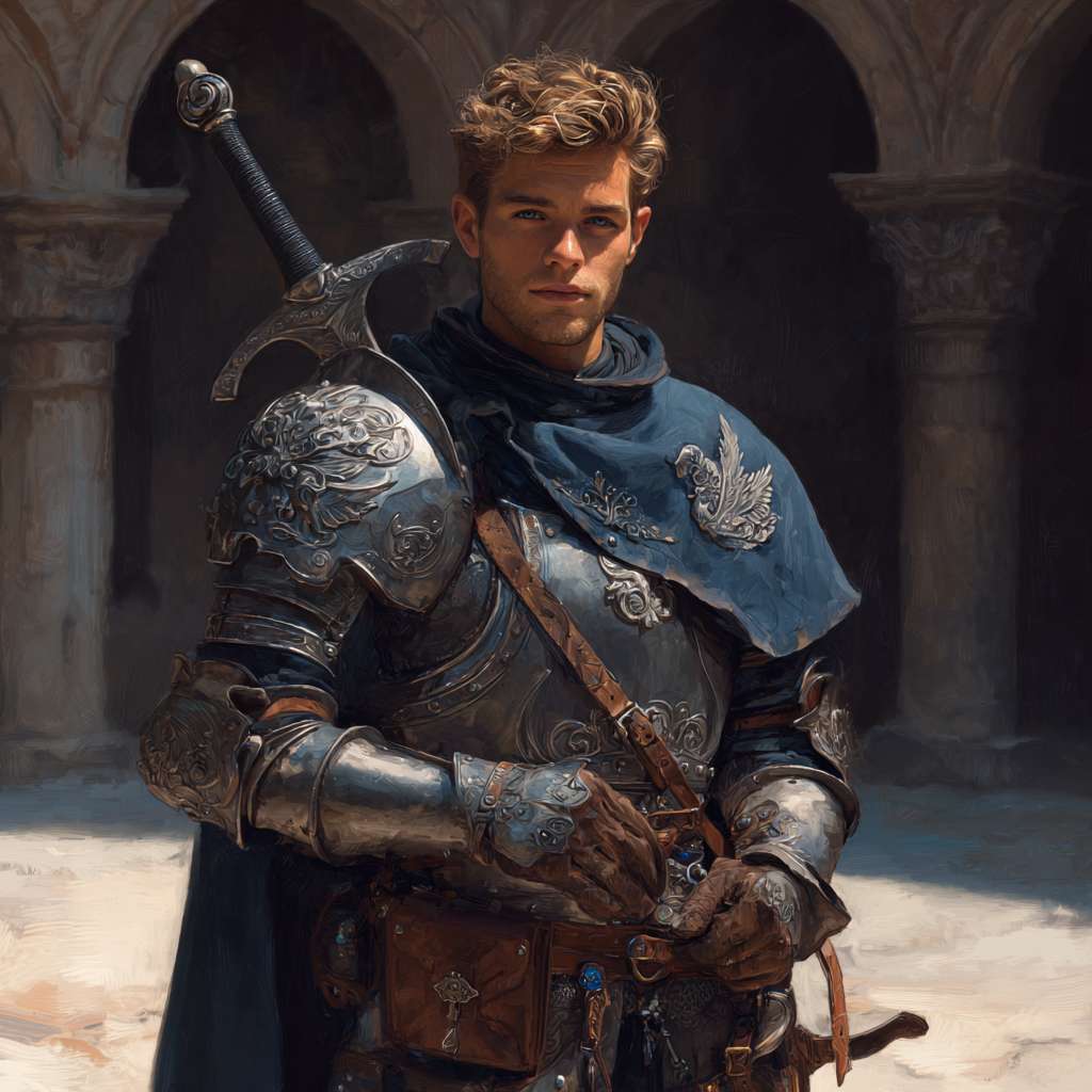人物像素画。游戏立绘风格。
A young human knight standing confidently in a medieval courtyard at dawn, bronzed skin from years of training under the sun, deep brown short hair with sun-bleached tips, piercing blue-gray eyes, a subtle stubble along his jawline; wearing polished steel half-plate armor with silver accents and a carved silver sea-hawk family crest on the right chest plate, a flowing deep-blue cloak with silver embroidery of a sea-hawk on the shoulder, a large two-handed longsword strapped on his back—hilt wrapped in dark-blue leather with sapphire gems at the guard; a dark-brown leather belt holding a small medicinal pouch and rations pouch; cinematic lighting highlighting the gleam of his armor and the determined yet approachable expression on his face --ar 1:1 --v 7 --stylize 100 --fast --no 水印