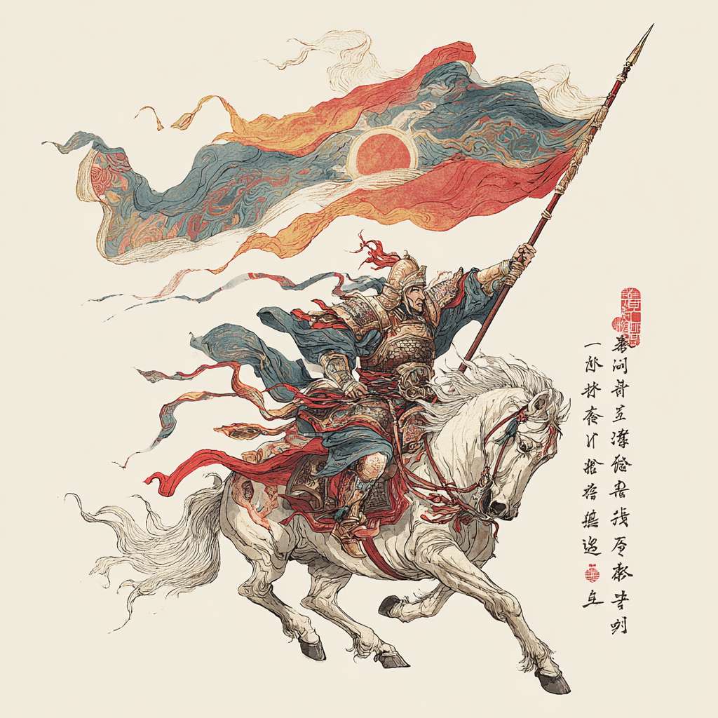 Q版，赵云骑在马上，高举超大的旗帜，旗子上写着吉星高照，旗帜迎风招展，背景单一白色，马披红挂彩，行走中， --ar 1:1 --v 7 --stylize 100 --fast --no 水印