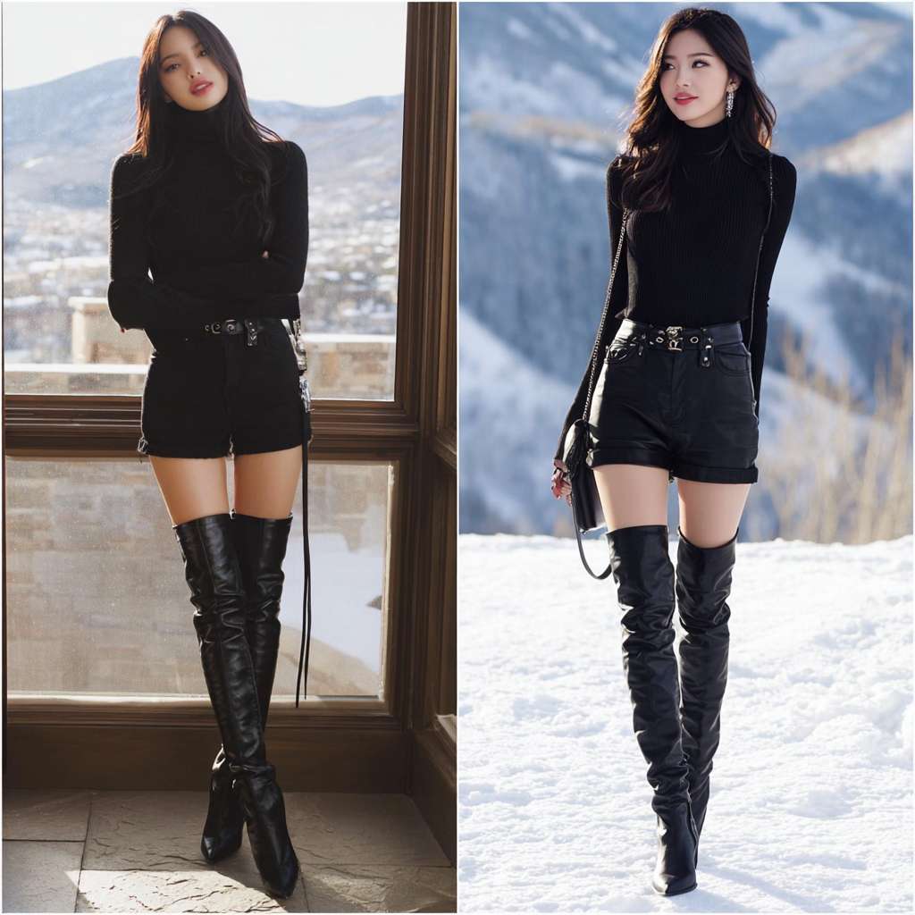 美少女，正面，长发，黑发，牛仔短裤，长腿，长靴，冬天，雪，雪地，雪山，光线 --ar 1:1 --v 7 --stylize 100 --fast --no 水印