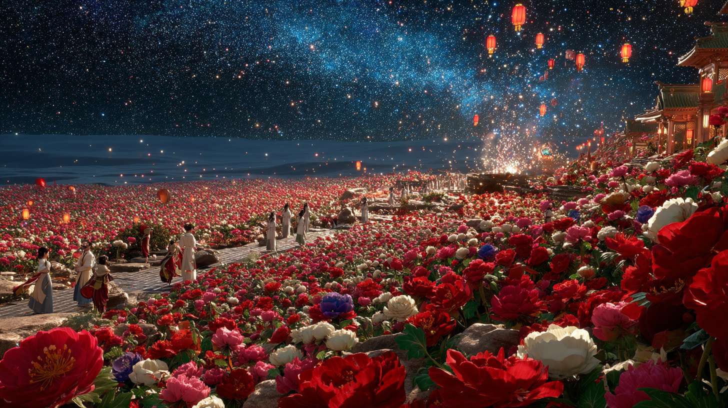 Unreal Engine 5 rendering, in this awe-inspiring scene of the ancient Luoyang Flower Festival, the composition centers on a vast sea of blooming peonies, surrounded by ancient-style pavilions, buildings, and winding corridors adorned with countless red lanterns, while the night sky is continuously lit up by colorful fireworks, the foreground features a celebrating crowd dressed in elegant Hanfu singing and dancing, the middle ground includes traditional Chinese architecture such as eaves-cornered pavilions, and the background blends deep blue starry skies with brilliant fireworks, in terms of color, vibrant reds, golds, and greens dominate, symbolizing luck and wealth, with the pink and white of the flowers sharply contrasting with the warm yellow of the lanterns, and the multicolored lights of the fireworks adding dynamic color variations, the lighting effects are exquisitely detailed, the soft glow from the lanterns casts warm shadows on people's faces and the ground, while the explosive flashes of fireworks create dazzling halos, contrasting with the cool moonlight to enhance the image's depth and dynamism, the entire scene is bustling and lively, with lanterns swaying gloriously, fireworks sparkling brilliantly, and the crowd cheering incessantly, as if transporting the viewer into a dreamlike ancient prosperous era filled with the charm of Chinese elements. --ar 16:9 --v 7 --c 20 --quality 4 --stylize 100 --fast