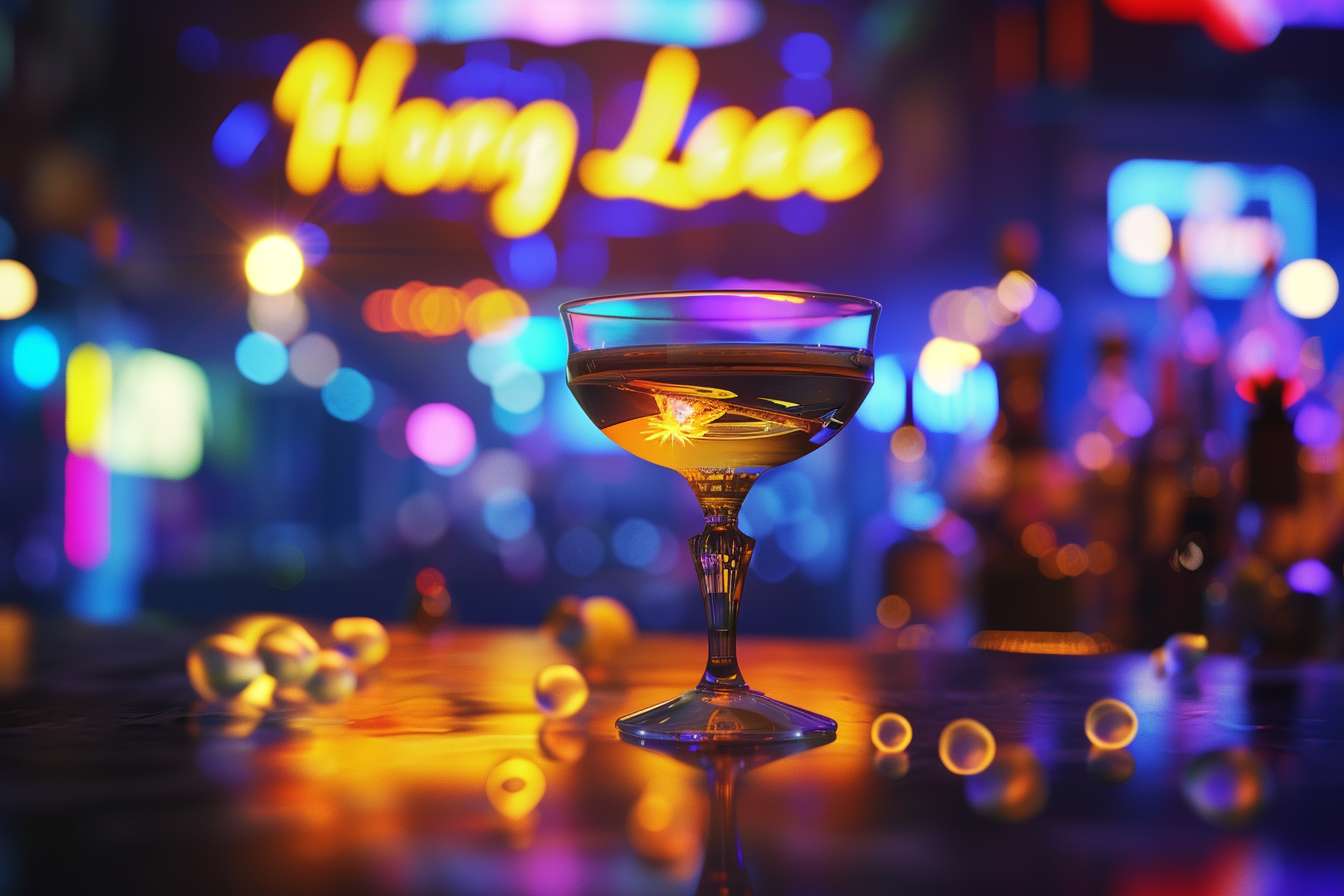 Prompt: modern bar grand opening poster, luxurious gold cocktail glass floating in center, neon blue and purple galaxy background, blurred city nightscape with glowing bar sign "鸿乐", cinematic lighting, bokeh effects, vibrant beer bubbles, abstract light trails, elegant nightlife atmosphere, ultra-detailed 8k --ar 3:2 --v 6.0 --style raw --stylize 100 --fast