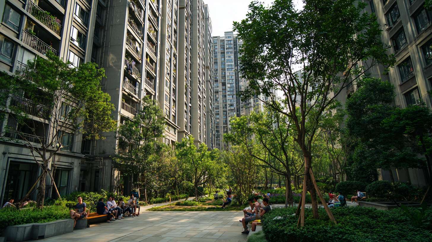 小区内的绿荫市民在树下休憩。新小区近景 --ar 16:9 --v 7 --stylize 100 --fast --no 水印