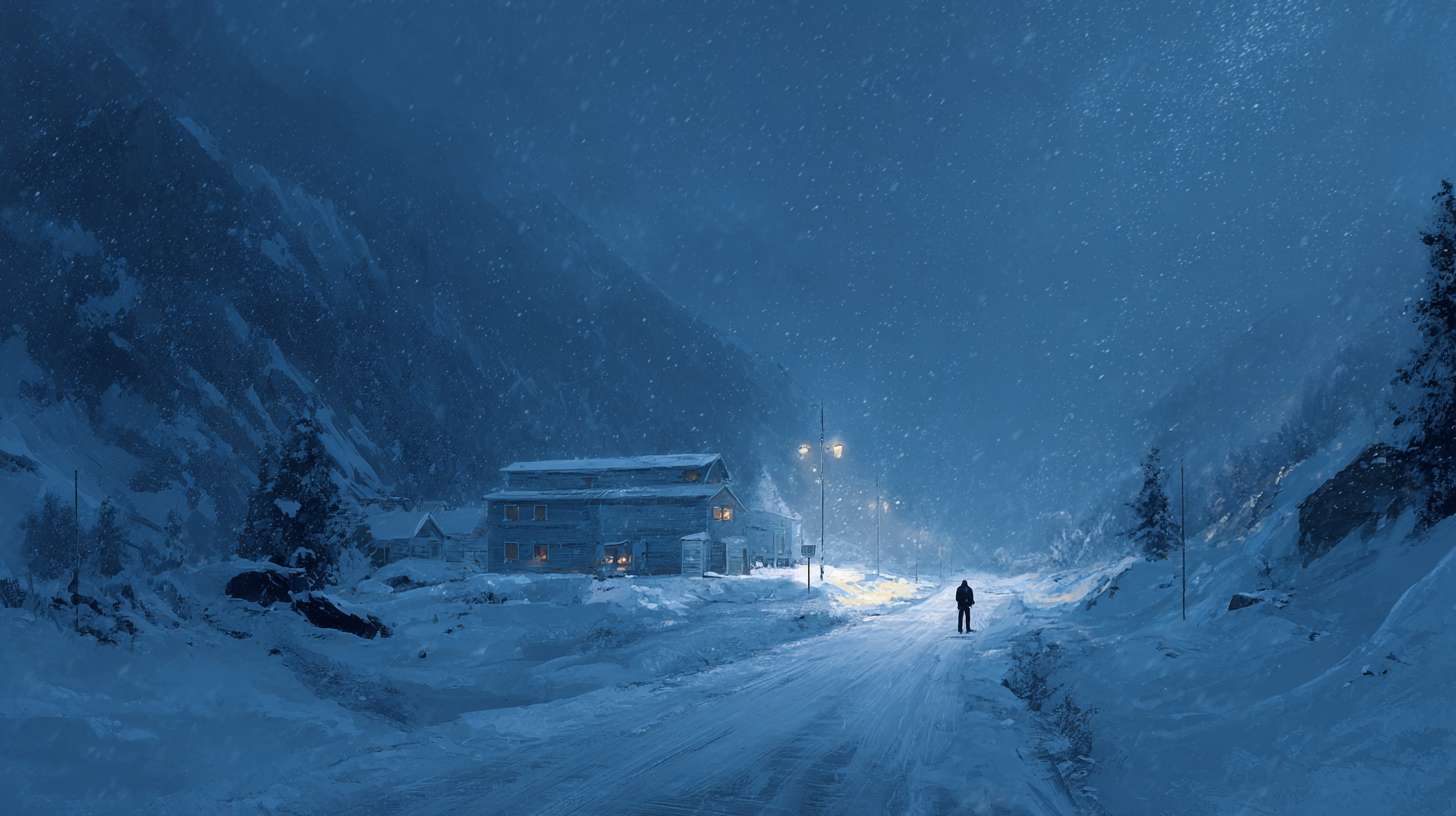小人在中间，远处环境变成了冰岛的夜晚，雪很大 --ar 16:9 --v 7 --stylize 100 --fast --no 水印