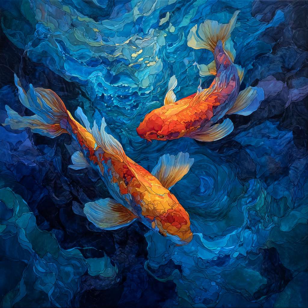 Dynamic blue sea with swirling light patterns, koi fish in vivid colors, brushwork blending loose washes and detailed strokes, abstract energy. --ar 1:1 --v 7 --stylize 100 --fast