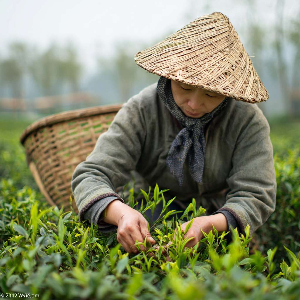 身着素雅布衣、头戴斗笠或裹着头巾的采茶女，在晨雾或春光中，灵巧的手指如蝶般在茶树枝头翻飞，精准地采摘“一芽一叶”或“一芽二叶”初展的嫩芽。身边挎着竹篓或茶篮。 --ar 1:1 --v 7 --stylize 100 --fast --no 水印