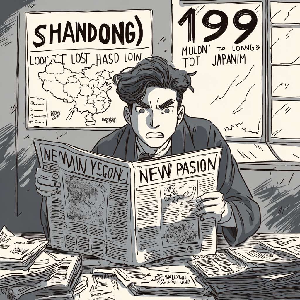 "1919年北大男生宿舍，愤怒的中国青年紧攥报纸，报纸头条英文'SHANDONG LOST TO JAPAN'，墙上的中国地图标记山东，桌上散落《新青年》杂志，窗外阴云密布，简笔画风格， --ar 1:1 --v 7 --stylize 100 --fast --no 水印