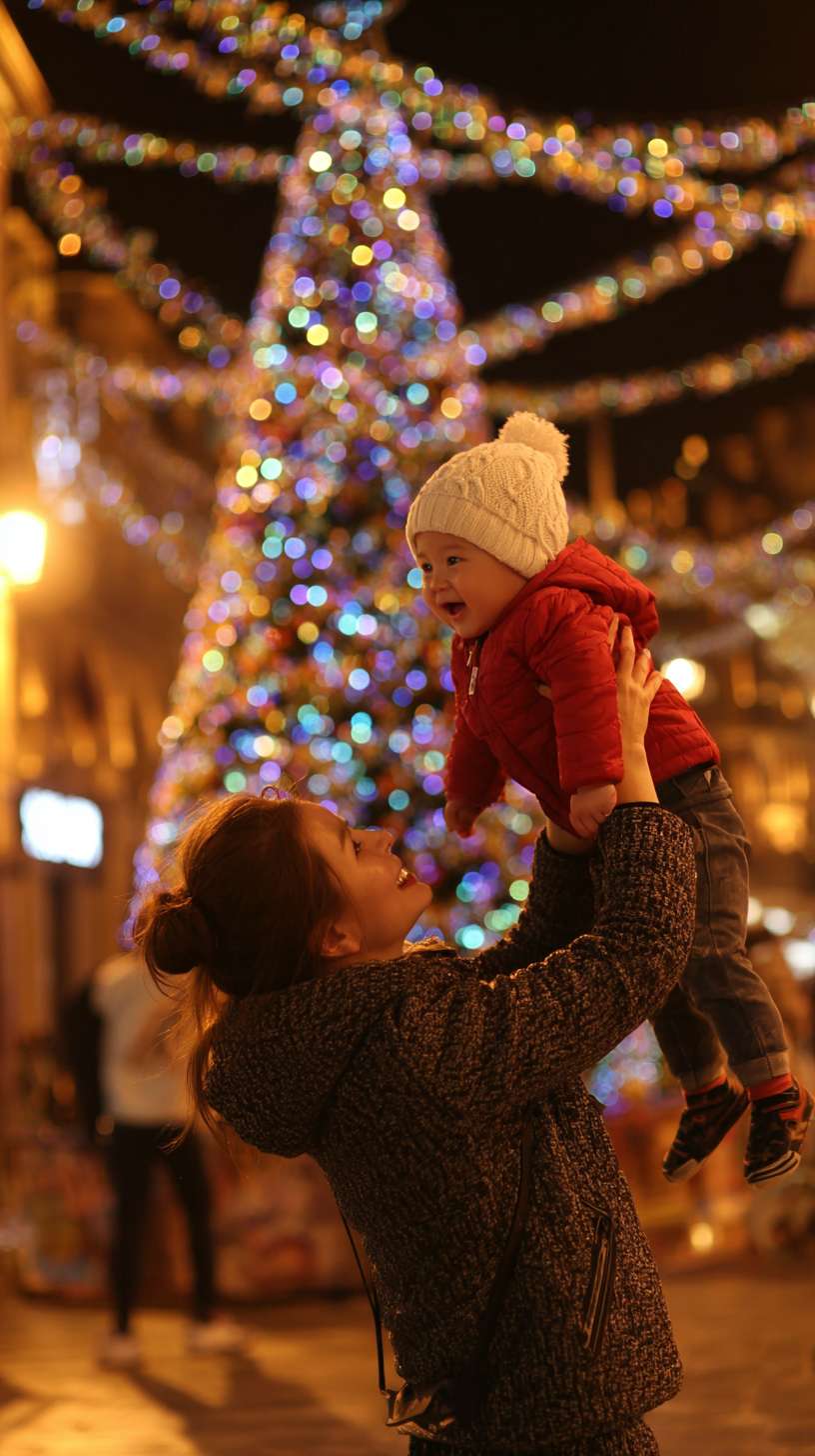 2圣诞树顶挂星星，妈妈托举孩子，树身缠绕彩灯，地面有未挂的袜子装饰，镜头从下往上推，温馨写实风妈妈孩子都是外国人 --ar 9:16 --v 7 --stylize 100 --fast --no 水印