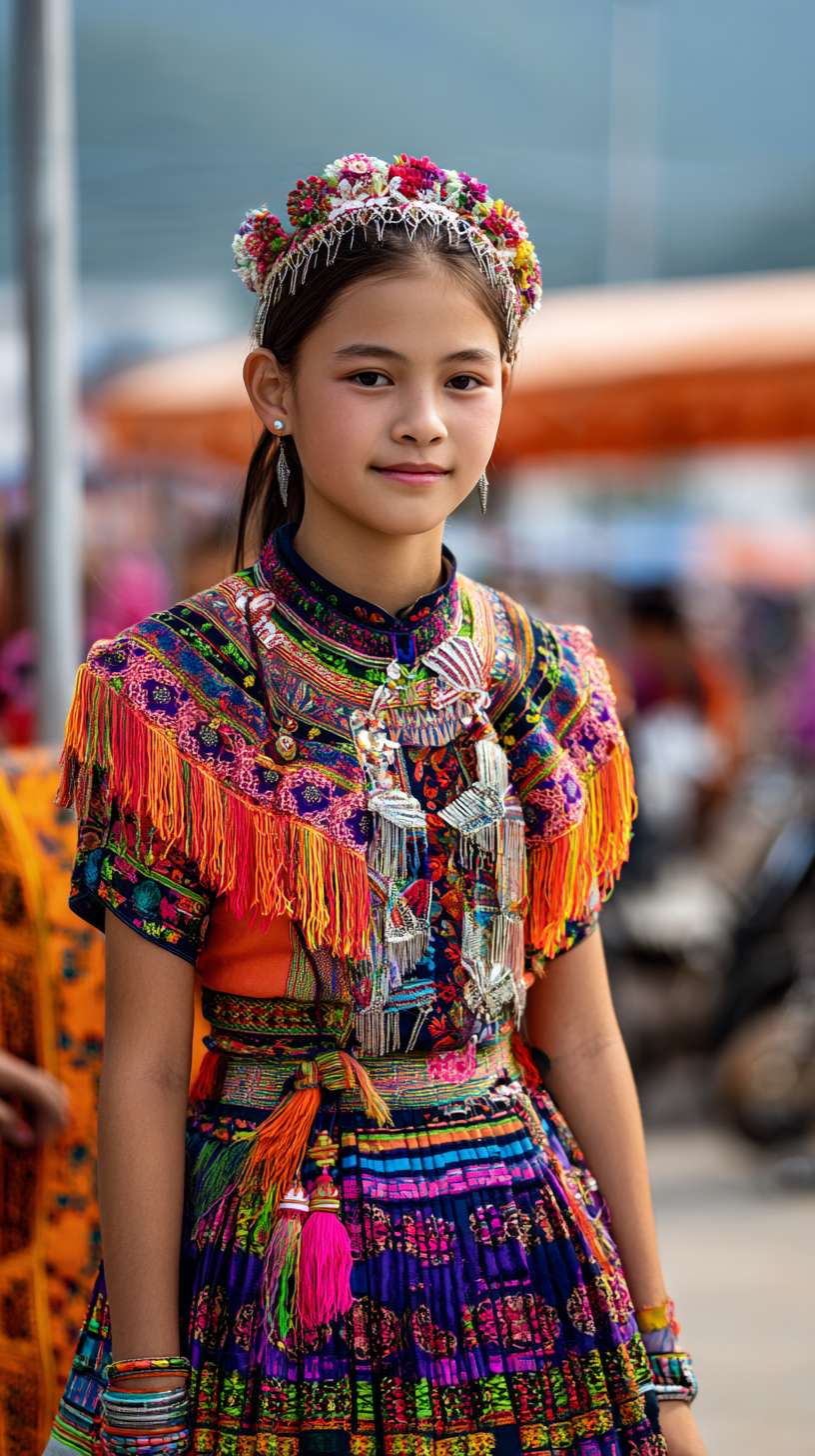 夏天西双版纳傣族少女成群结队在街上穿着民族傣家服饰，旁边有人骑着大象 --ar 9:16 --v 7 --stylize 100 --fast --no 水印