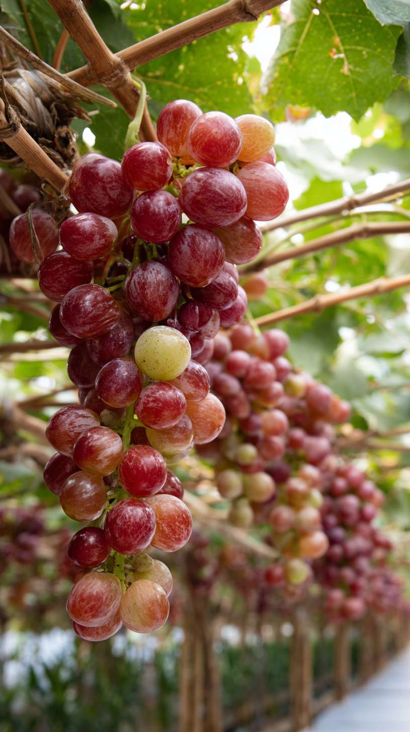 葡萄园里挂满了葡萄串，看着硕果累累 --ar 9:16 --v 7 --stylize 100 --fast --no 水印
