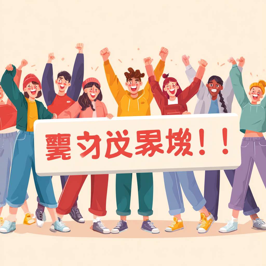 8 diverse people (varying in age, gender, ethnicity, clothing style—e.g., casual sportswear, streetwear) holding a wide rectangular banner with clear Chinese text: "没进八强又怎样？敢打敢拼就是王！", dynamic cheering poses (some raising fists, some leaning forward, natural facial expressions of excitement and enthusiasm), dynamic low-angle shot (to enhance sense of energy), vibrant and saturated colors (bright reds, yellows, blues as main tones, avoiding dullness), cartoon style (rounded character features, smooth line art, soft shading like Japanese anime or Western cartoon), clean simple background (solid light color or gradient, no redundant elements), high detail (clear texture of clothing fabric, wrinkles on the banner, subtle facial expressions, sharp edges of text on the banner), 4K resolution, full-body shot, positive atmosphere --ar 1:1 --v 7 --stylize 100 --fast --no 水印
