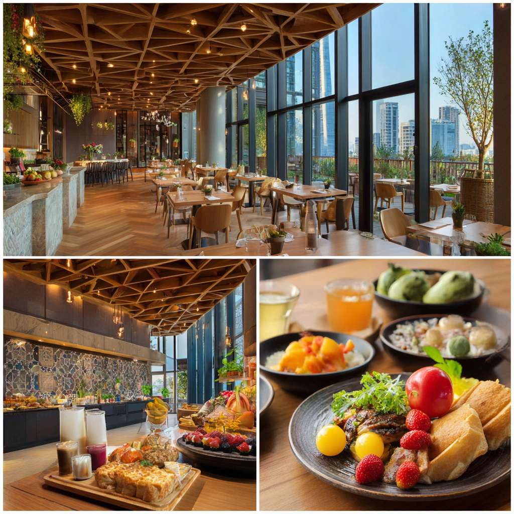 亚朵S酒店餐厅真实早餐宣传图片高清 --ar 1:1 --v 7 --stylize 100 --fast --no 水印