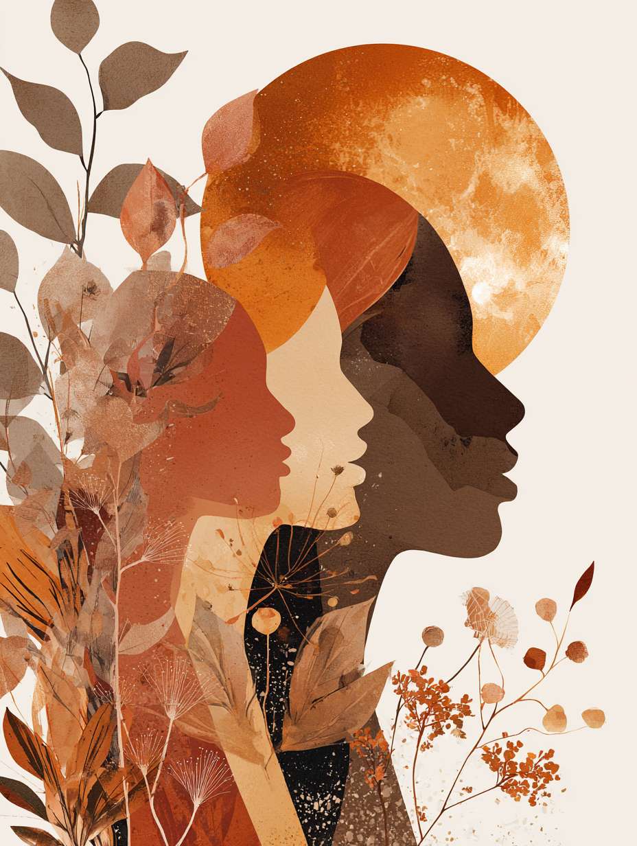 插图或插画形式，使用温暖的色调展示女性的生理周期、月经调节的概念。比如通过艺术化的月亮、植物、女性图像等元素，展现月经周期与自然节律的结合，突出健康管理的自然与和谐。 --ar 3:4 --v 7 --stylize 100 --fast --no 水印