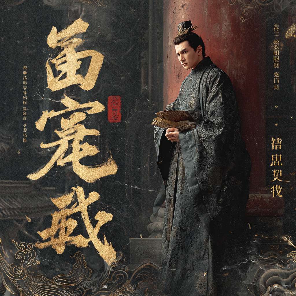 古风权谋小说封面，600800 像素，男主身着玄色蟒纹朝服，身姿挺拔立于朱红宫墙下，侧脸冷峻，右手夹暗黄奏折，背景是半隐鎏金宫阙 + 暗金色流云纹，地面青石砖纹理，色彩以玄黑、暗金、朱红为主，边缘银灰描边，顶部居中大字‘魂穿古代苟成权臣’（暗金描边宋体），底部右侧‘作者：月鸣星灿’（银灰色瘦金体），右下角小字‘侯门立足，步步为营’（浅红色楷体），高清质感，细节丰富 --ar 1:1 --v 7 --stylize 100 --fast --no 水印