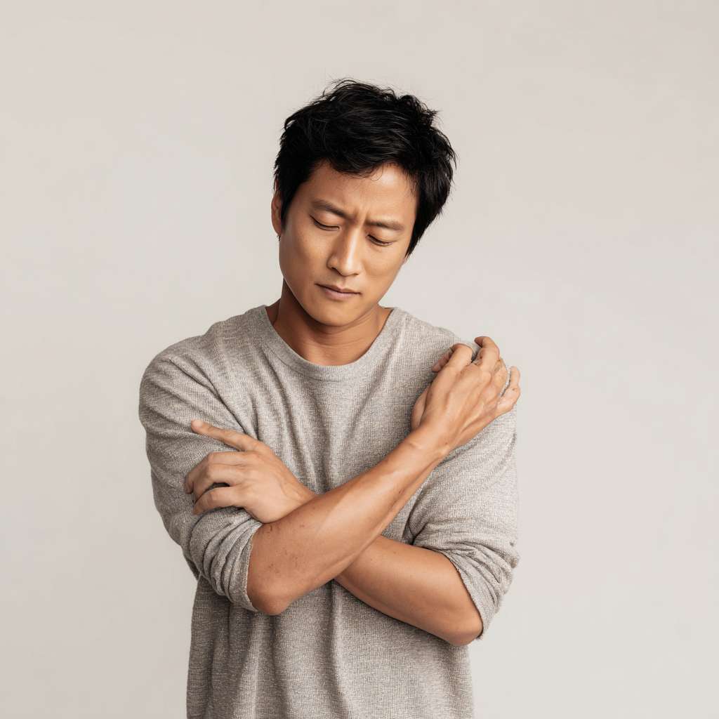 A picture of an Asian person peacefully slapping their cubital fossa --ar 1:1 --v 7 --stylize 100 --fast