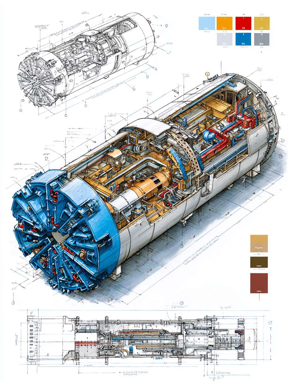 Tunnel Boring Machine (TBM) cutaway perspective blueprint illustration, dramatic wide-angle composition, three-quarter overhead view. Main subject: a highly detailed low-profile modern TBM (Earth Pressure Balance type) rendered in realistic hand-drawn watercolor sketch style, placed on clean white background. Features include: rotating cutterhead with disc cutters and scrapers, with watercolor texture and hand-drawn ink precision. Framed composition with architectural exploded-view edge sketches and directional arrows. Top-right corner includes a color palette swatch block, featuring: steel gray, industrial blue, soil brown, hydraulic red, and lining concrete white. --ar 3:4 --v 7 --stylize 100 --fast