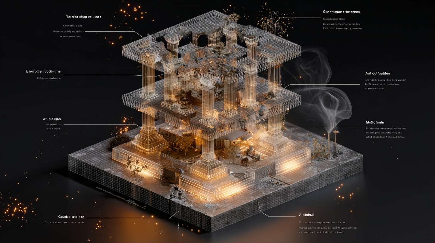 "Create a 3D modular animation of a three-tiered architecture (ground layer: edge computing; middle: cloud servers; top: AI models). Use translucent materials with glowing edges. Add token-like particles flowing between layers." --ar 16:9 --v 7 --stylize 100 --fast
