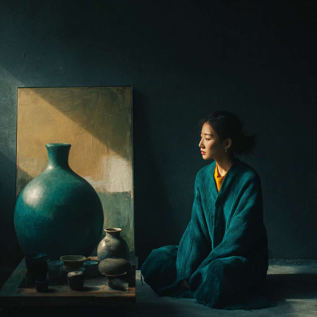 高级美学，要求画面中必须要有一个明亮的墨绿色主体，可以是是人也可以是物，构图简洁大胆 --ar 1:1 --v 7 --stylize 100 --fast --no 水印