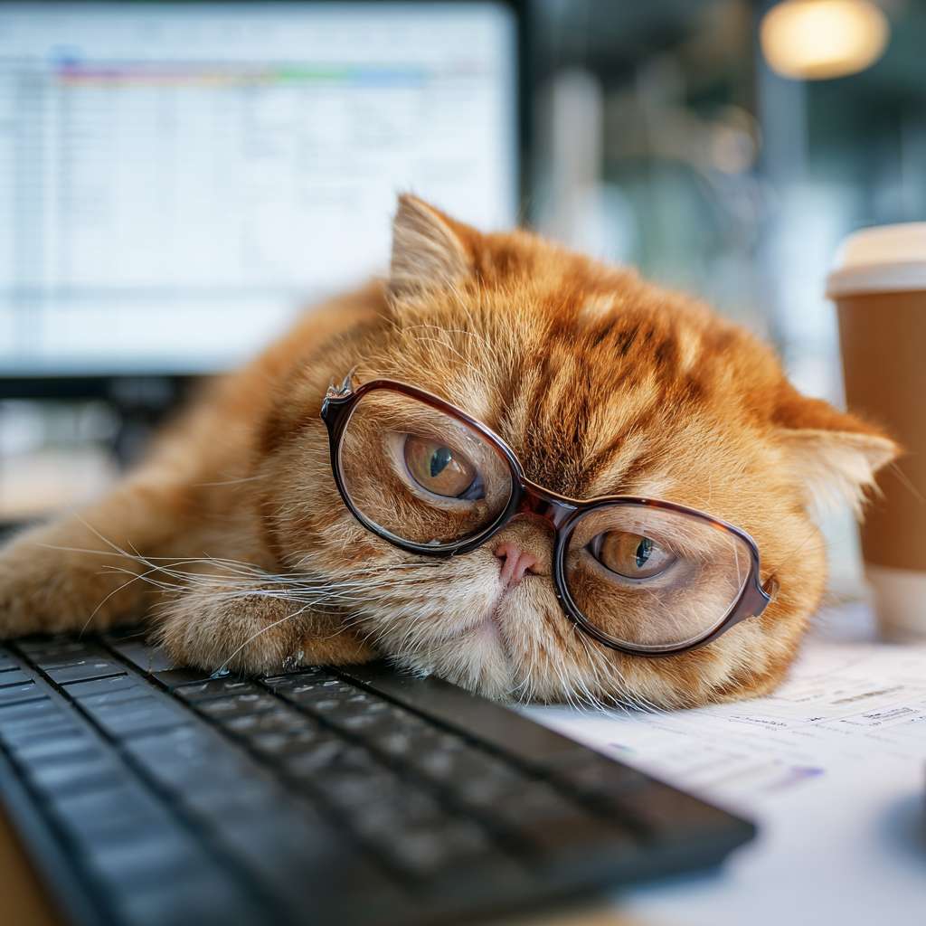 一只胖胖的橘猫，戴着眼镜，打着哈欠趴在电脑键盘上，电脑屏幕是Excel表格，旁边放着咖啡杯，照片级真实感，4k，细节生动，滑稽可爱 --ar 1:1 --v 7 --stylize 100 --fast --no 水印