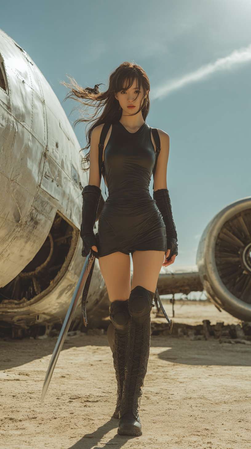 亚洲冷艳美少女身穿无袖连体紧身短皮装，大长腿，过膝包腿长靴，及腰长发随风飘扬，手持长剑，背着弓箭，在沙漠里，背景是坠机废墟，天空烈日刺眼。 --ar 9:16 --v 7 --stylize 100 --fast --no 水印