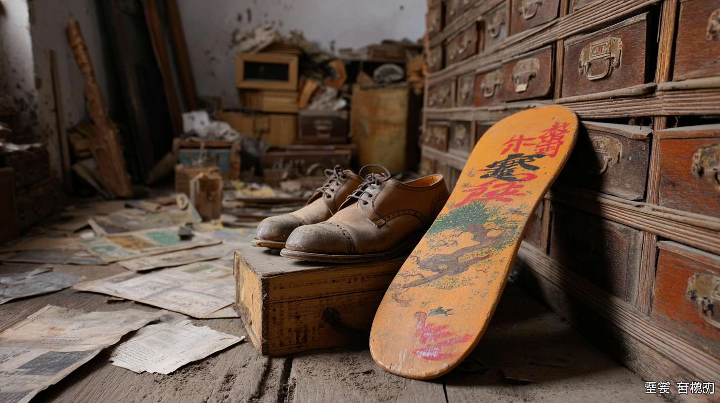 https://img-xpc-mj0.xpccdn.com/prod/upload/98677ad4-1d7d-4b12-b527-0e8a8f4f1793/%E6%8F%8F%E8%BF%B0%E6%9C%A8%E5%B1%90%E9%9E%8B%E5%9C%BA%E6%99%AF.png~tplv-5yakomv5zn-auto-v1%3A1024%3A0%3Aq75.jpg 将木屐鞋缩小，一只木屐鞋在老宅阁楼，堆满旧衣柜，藤箱和散落的报纸， --ar 16:9 --v 7 --stylize 100 --fast --iw 1 --no 水印