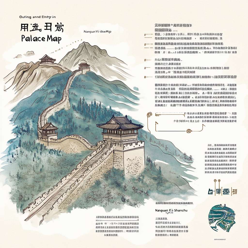 [ 怀柔长城箭垛造型 | 燕山褶皱肌理 | 雁栖湖水波纹 | 明代《出警入跸图》驿道意象 ]
视觉系统：
字形设计：特邀书法家创作"南关簃"三字，采用明代台阁体骨架融合敦煌写经笔意，墨色中隐现怀柔板栗色渐变

图形符号：
负形构成箭垛轮廓
水墨皴染表现燕山褶皱
金色线条勾勒雁栖湖水系
右下角钤"山厨"铁线篆藏书印
色彩体系：
主色：霁蓝（取自明青花瓷）
辅色：栗壳棕（怀柔特产）
点缀：松花绿（燕山植被） --ar 1:1 --v 6.1 --stylize 100 --fast