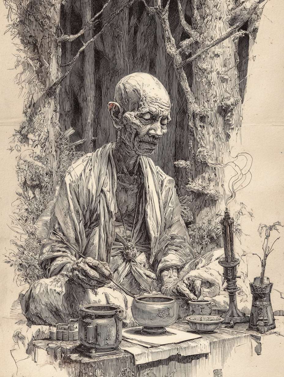 瘦骨嶙峋的苦行者在森林中斋戒 --ar 3:4 --v 7 --stylize 100 --fast --no 水印