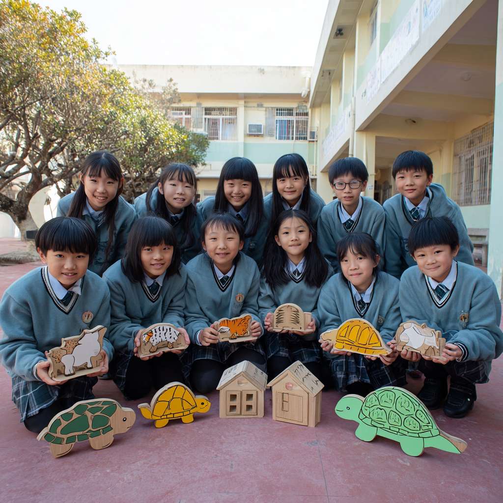一班小六穿校服的學生們在校園裡圍成一個半圓形，以卡通的風格展示穿山甲、老虎、水獺、熊貓、飛鼠、龜等等的瀕危物種，讓學生們一起將積木併上瀕危動物圖案上 --ar 1:1 --v 7 --stylize 100 --fast --no 水印