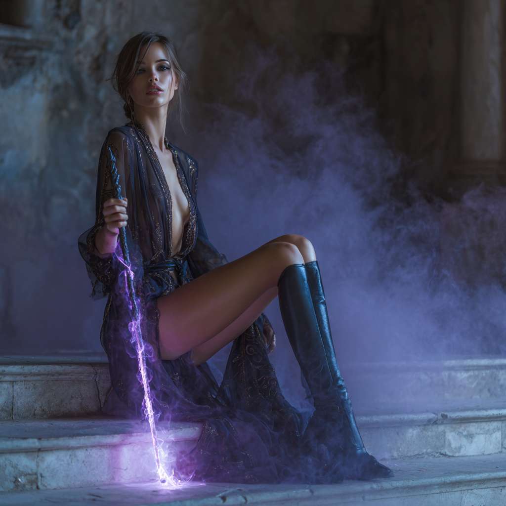 8K, high - definition photograph, cinematic - quality realistic style. A witch is in the mysterious and fantastic ruins of an ancient castle. The witch has a cunning and enchanting personality. She is tall with a pair of extremely attractive long legs, her legs are wrapped in black leather thigh - high boots, outlining smooth lines. Her face is delicate, with enchanting charm in her eyes and eyebrows, her lips are slightly raised, carrying a mysterious smile. She wears a black, sheer - textured vintage robe. The semi - transparent material faintly reveals her graceful figure, and the robe is inlaid with shimmering dark - gold magic patterns. She holds a gorgeous magic wand emitting a faint purple glow. The glow flickers in the ruins, and there is a light purple mysterious mist surrounding it, adding an enchanting atmosphere to the whole picture. The lighting and shadow effects are delicate and realistic, as if it were a real - life shot from a fantasy movie. --ar 1:1 --v 7 --stylize 100 --fast