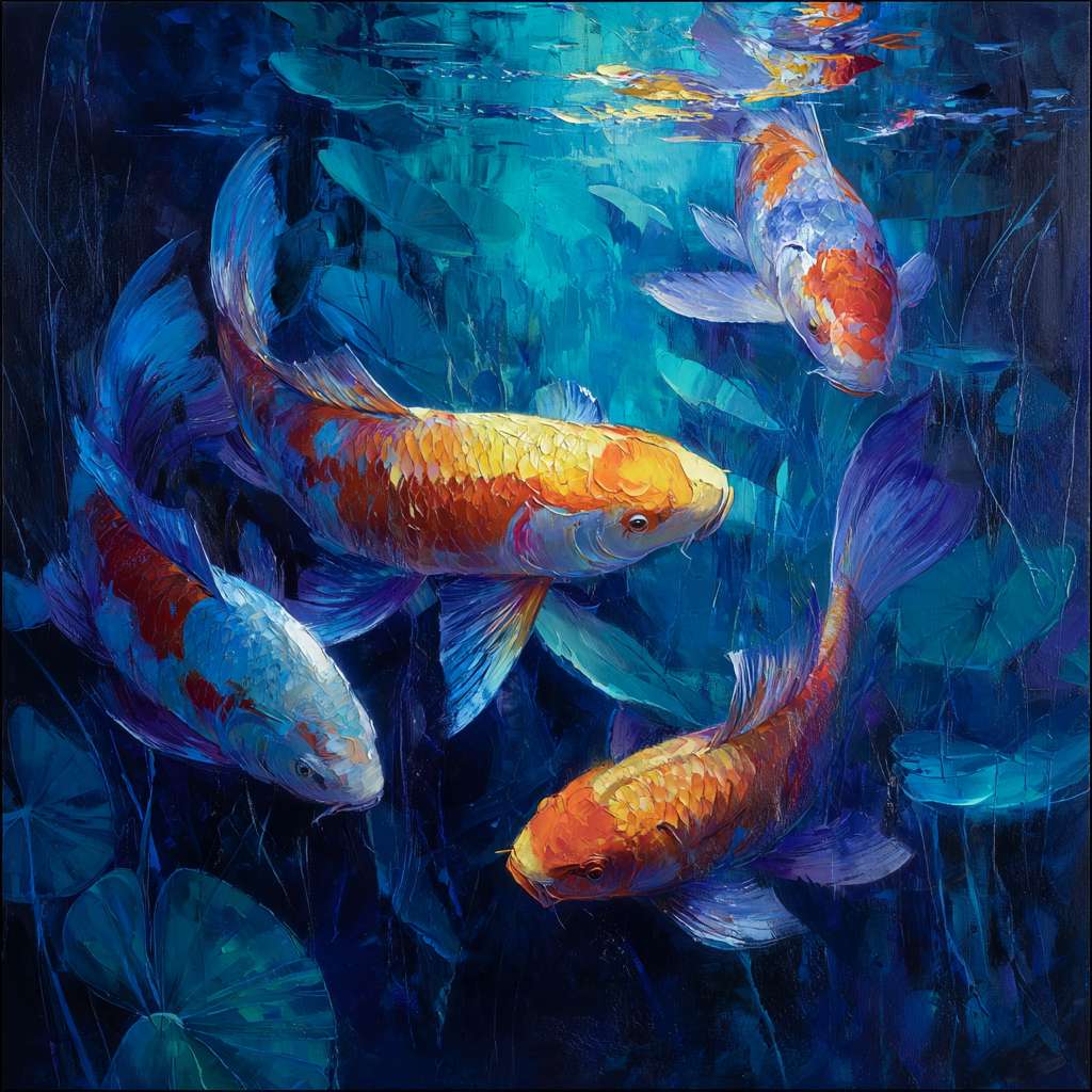 Surreal blue aquarium with shimmering koi and dynamic light, bold strokes for ripples, delicate strokes for scales, abstract. --ar 1:1 --v 7 --stylize 100 --fast