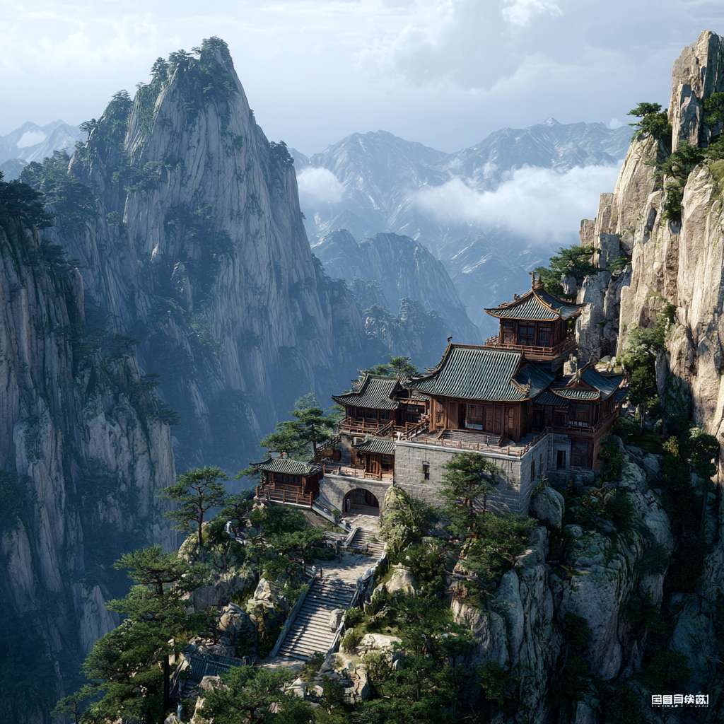 目前我想在UE引擎中搭建一个华山派的场景白盒，需要你帮我生成一个华山派全部场景的参考， --ar 1:1 --v 7 --stylize 100 --fast --no 水印