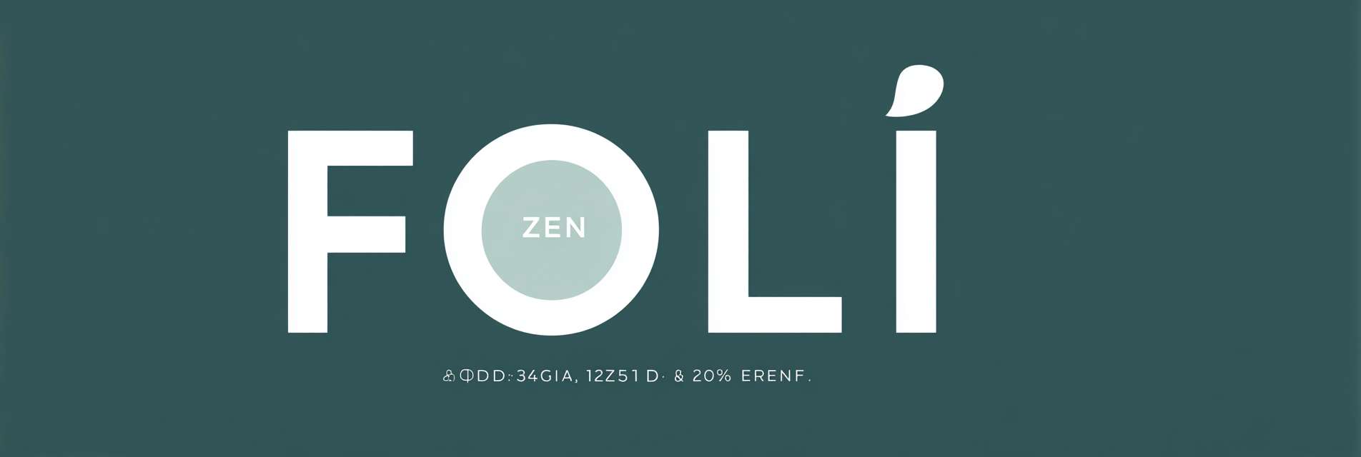 Deconstructed typography: "FOLI" aligned top, "ZEN" baseline shifted down 15% with 120% scale, split color scheme (FOLI=#2E5D54, ZEN=#7A9D96), Adobe Clean font, tagline micro-embedded in counter of "O" (5pt) --ar 3:1 --v 7 --stylize 100 --fast --no transparency