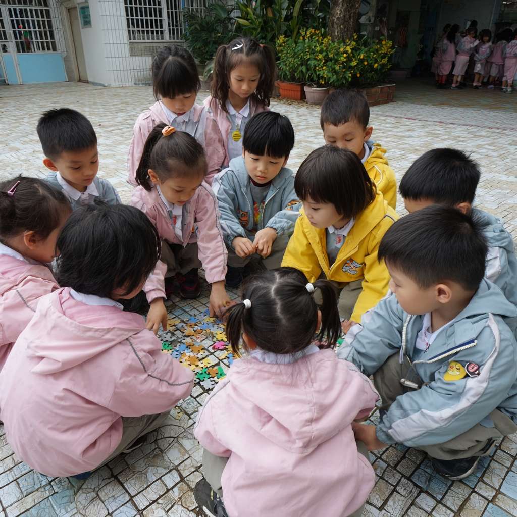 一班小六穿校服的學生們在校園裡圍成一個半圓形，以卡通的風格展示穿山甲、老虎、水獺、熊貓、飛鼠、龜等等的瀕危物種，讓學生們一起將積木併上瀕危動物圖案上 --ar 1:1 --v 7 --stylize 100 --fast --no 水印