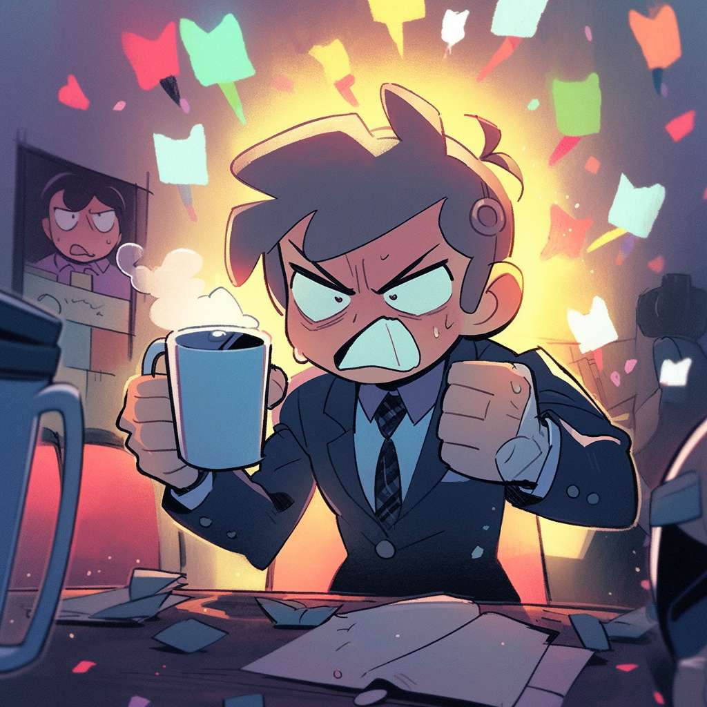 An angry office worker in a gray suit, fists clenched, steam coming out of nostrils, staring at a broken coffee cup on a messy desk, neon lights flickering in the background, dramatic lighting, --ar 1:1 --style cute --stylize 600 --fast --niji 5