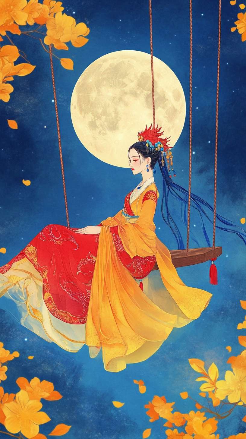视频展示了一位优雅的女子身着红黄交织的唐朝贵妃服装，坐在精致的秋千上悠然荡漾。要求从头到脚全身照。她头戴红色凤冠，配以蓝色系的耳环与项链，更显其端庄秀丽。背景中的满月明亮夺目，四周簇拥着黄花绿叶，营造出一幅如诗如画的景色。秋千的绳索上挂着蓝色珠串与小铃铛，随着女子的摆动轻轻作响，增添了几分灵动与趣味。整个画面如同一幅生动的画卷，让人仿佛置身于古风雅韵之中。 --ar 9:16 --v 6.1 --stylize 100 --fast