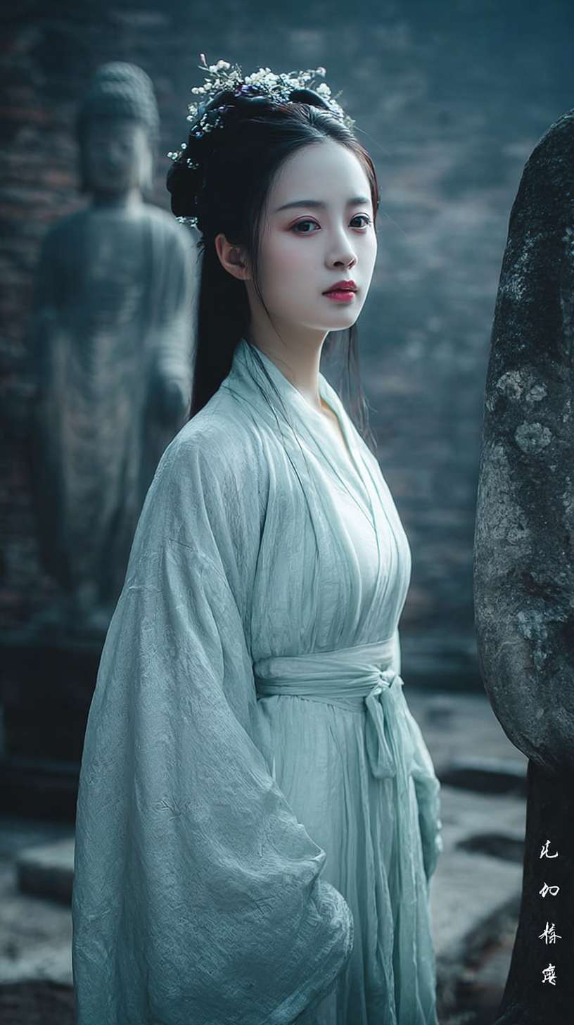 https://img-xpc-mj0.xpccdn.com/prod/upload/0848c7ae-1ee4-4394-87aa-9cb112a99c60/2-1.png~tplv-5yakomv5zn-auto-v1%3A1024%3A0%3Aq75.jpg 参考图片中的女人和佛像：一个身着飘逸青衣的绝美女子从破败的寺庙的佛像柱子后缓步走出，容貌清丽脱俗，眼神带着一丝哀愁。 --ar 9:16 --v 7 --stylize 100 --fast --iw 1 --no 水印