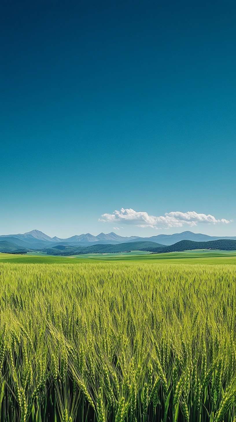 Green wheat field, mountains in the distance, blue sky, wallpaper category high quality images, HD photography cell phone wallpapers, ultra high definition images,.. --ar 9:16 --v 6.1 --stylize 100 --fast